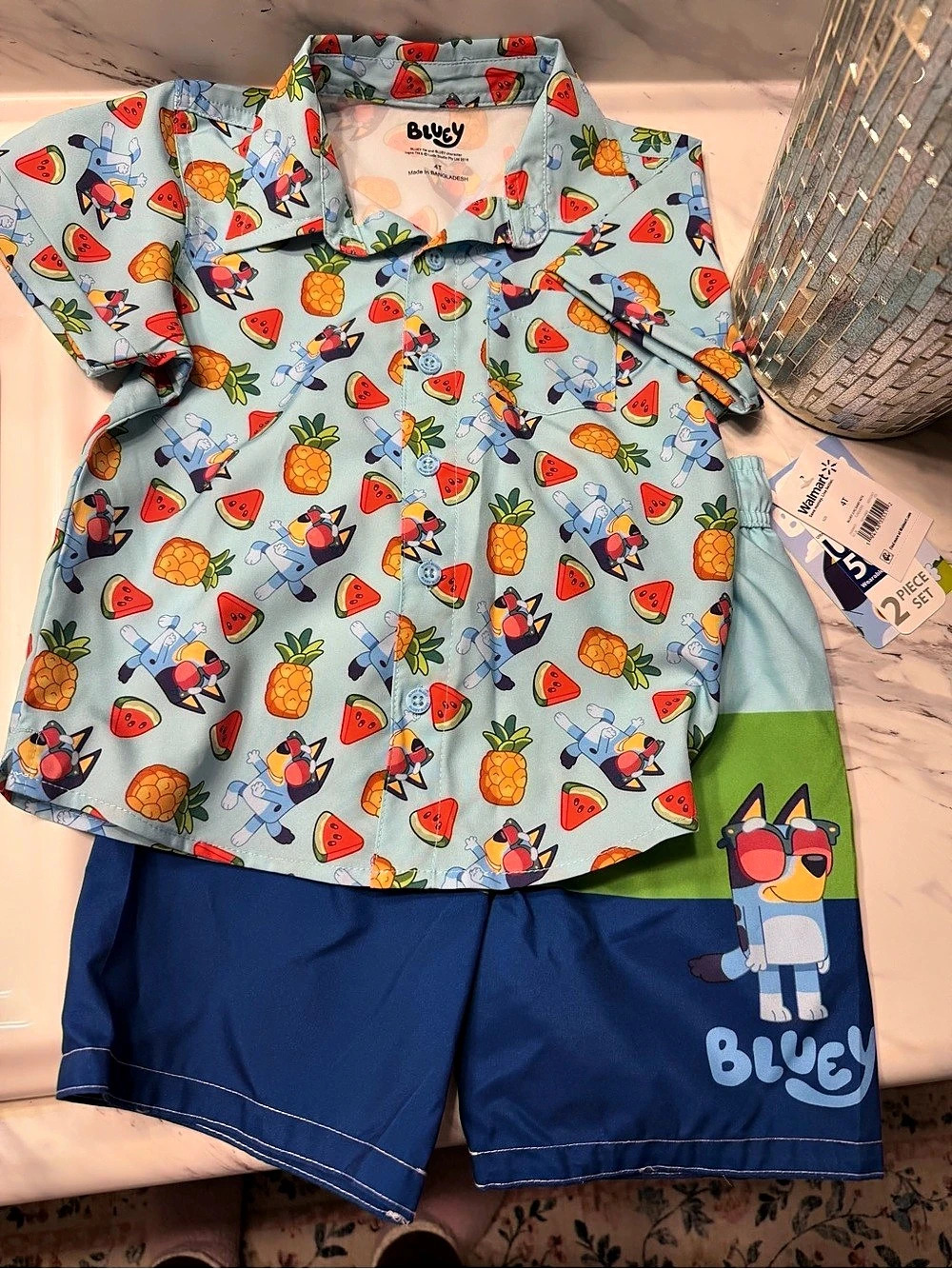 Bluey Pineapple Watermelon Hawaiian Button-Down Shirt and Shorts Set Shirt &